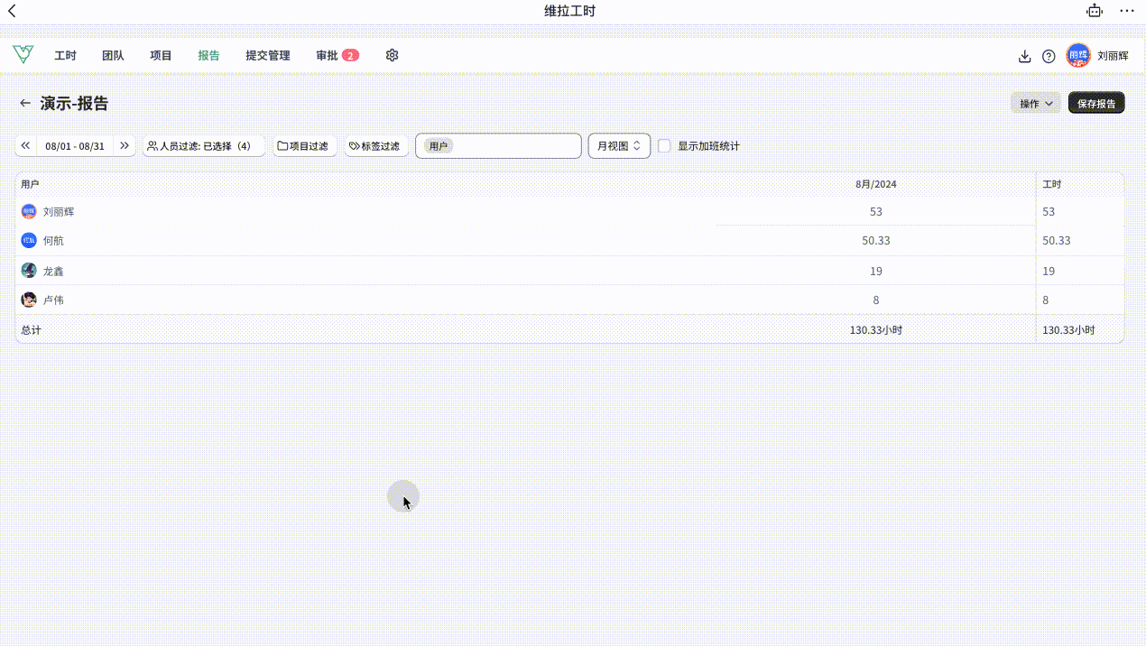 维拉工时-报告中查看成员工时记录情况